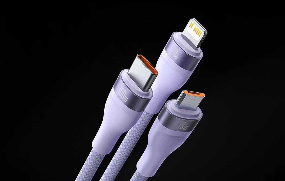 Baseus Flash Series 2 trys viename kabelis USB-C + mikro USB + Lightning violetinis 100 W, 1.5 m aprašymas - Prekės nuotrauka
