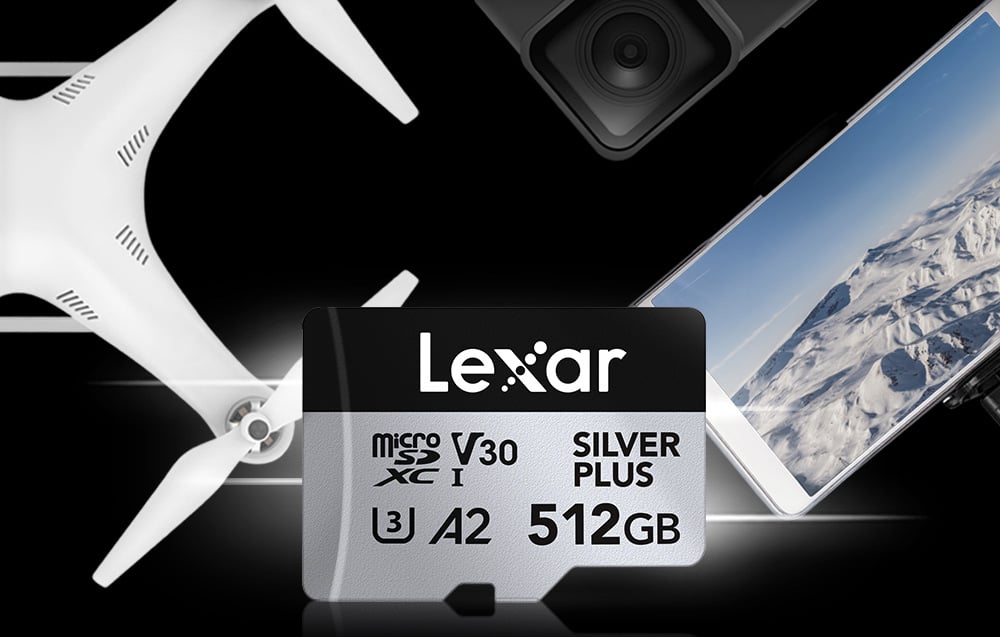 Atminties kortelė Lexar Micro SDXC Professional Sidabrinis Plus UHS-I/U3/A2/4K R205/W150 (V30) 512GB aprašymas - Prekės nuotrauka