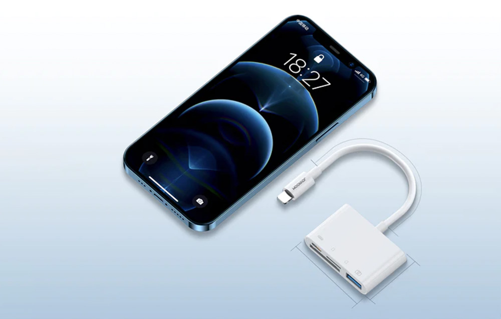 Lightning - USB OTG adapteris Joyroom S-H142 SD kortelių skaitytuvas Micro SD - baltas aprašymas - Prekės nuotrauka Lightning - USB OTG adapteris Joyroom S-H142 SD kortelių skaitytuvas Micro SD - baltas aprašymas - Prekės nuotrauka