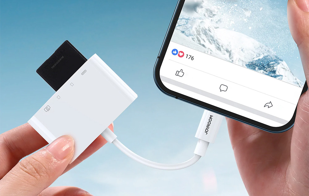 Lightning - USB OTG adapteris Joyroom S-H142 SD kortelių skaitytuvas Micro SD - baltas aprašymas - Prekės nuotrauka Lightning - USB OTG adapteris Joyroom S-H142 SD kortelių skaitytuvas Micro SD - baltas aprašymas - Prekės nuotrauka