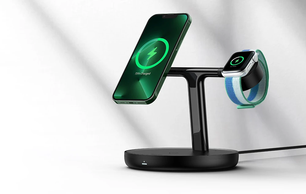 Baseus Belaidis magnetinis įkroviklis, stovas 20W trims Apple įrenginiams, juodas aprašymas - Prekės nuotrauka