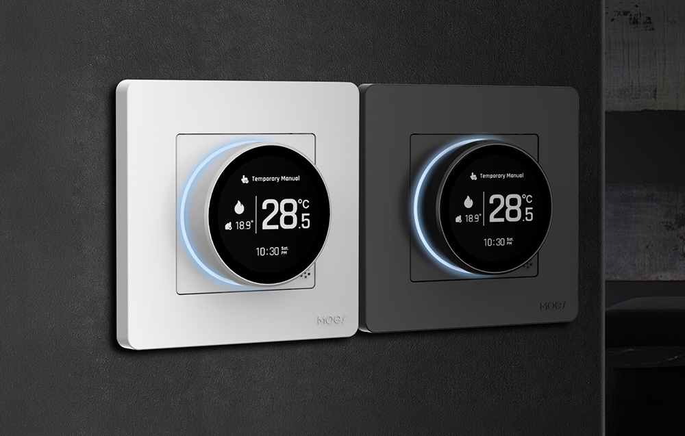 Moes Išmanus, sieninis termostatas dujų/vandens katilui valdyti, su ratuku, baltas, ZigBee, TUYA aprašymas - Prekės nuotrauka