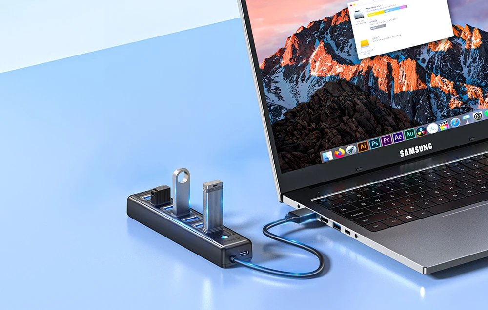 Orico Hub USB-A iki 7xUSB-A 3.0 – juoda aprašymas - Prekės nuotrauka Orico Hub USB-A iki 7xUSB-A 3.0 – juoda aprašymas - Prekės nuotrauka