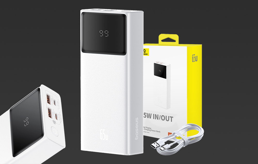 Power Bank Baseus Star-Lord, 20000mAh 65W + USB – USB-C laidas (baltas) aprašymas - Prekės nuotrauka