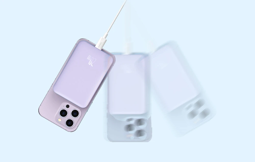 Powerbank Baseus Magnetic Mini 10000mAh 20W MagSafe (violetinė) aprašymas - Prekės nuotrauka Powerbank Baseus Magnetic Mini 10000mAh 20W MagSafe (violetinė) aprašymas - Prekės nuotrauka