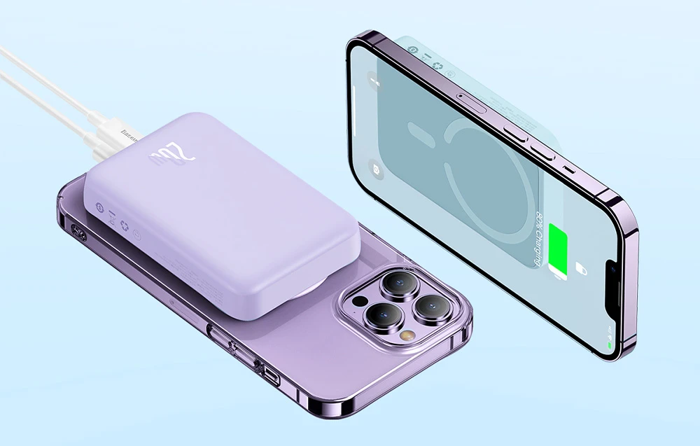 Powerbank Baseus Magnetic Mini 10000mAh 20W MagSafe (violetinė) aprašymas - Prekės nuotrauka Powerbank Baseus Magnetic Mini 10000mAh 20W MagSafe (violetinė) aprašymas - Prekės nuotrauka