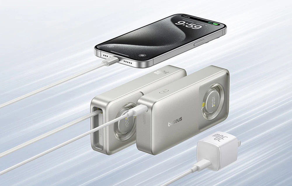 Baseus „Free2Pull“ 10000 mAh 30 W išorinė baterija su USB-C prievadu ir ištraukiamu USB-C laidu – pilkos spalvos aprašymas - Prekės nuotrauka