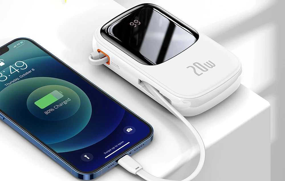 Baseus Qpow PRO Powerbank kabelis, 20000mAh, 20W (balta) aprašymas - Prekės nuotrauka