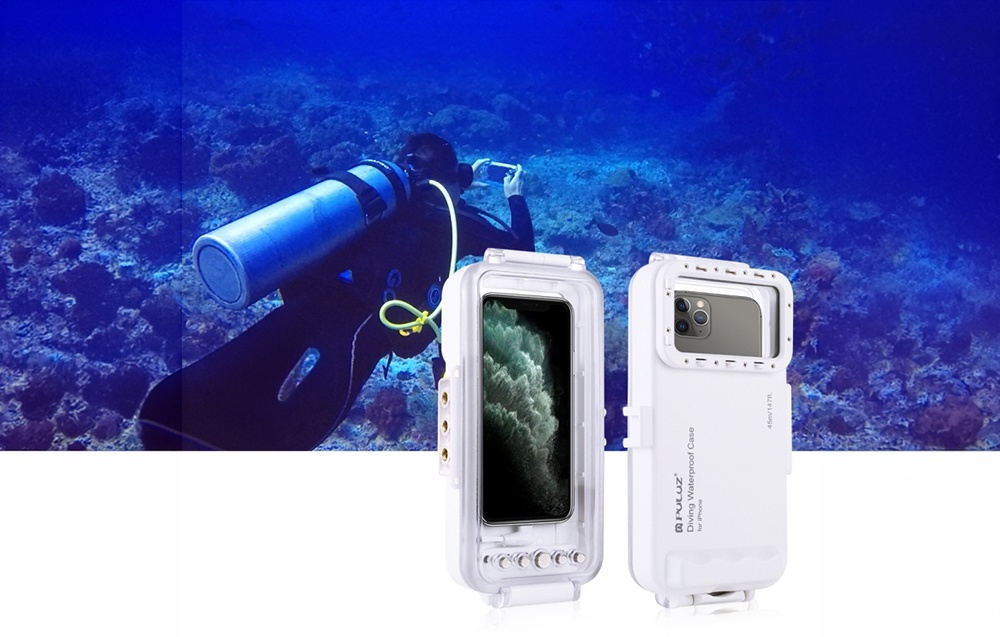 Puluz vandeniui atsparus dėklas (45 m), skirtas iPhone: povandeninėms nuotraukoms ir vaizdo įrašams (baltas) aprašymas - Prekės nuotrauka