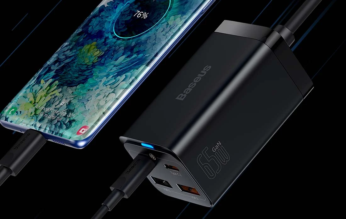 Baseus Sieninis įkroviklis GaN3 Pro 65W 2xUSB + 2xUSB-C QC4+ PD3.0 su USB-C 1.5m laidu, juodas aprašymas - Prekės nuotrauka Baseus Sieninis įkroviklis GaN3 Pro 65W 2xUSB + 2xUSB-C QC4+ PD3.0 su USB-C 1.5m laidu, juodas aprašymas - Prekės nuotrauka
