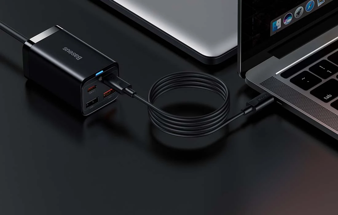 Baseus Sieninis įkroviklis GaN3 Pro 65W 2xUSB + 2xUSB-C QC4+ PD3.0 su USB-C 1.5m laidu, juodas aprašymas - Prekės nuotrauka Baseus Sieninis įkroviklis GaN3 Pro 65W 2xUSB + 2xUSB-C QC4+ PD3.0 su USB-C 1.5m laidu, juodas aprašymas - Prekės nuotrauka