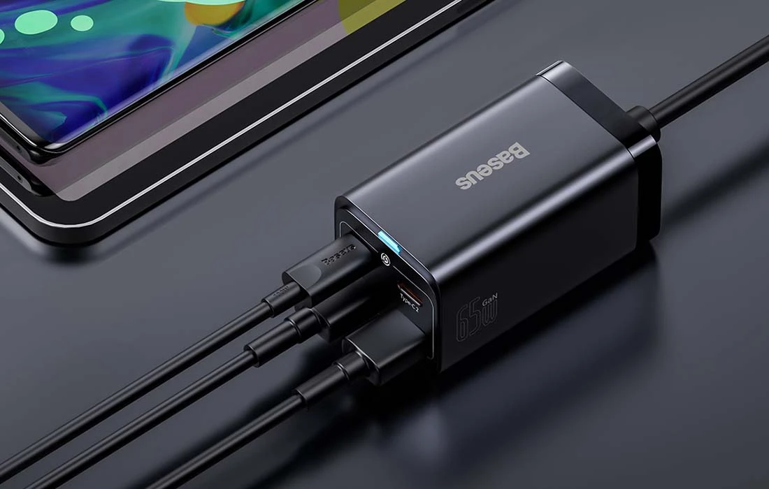 Baseus Sieninis įkroviklis GaN3 Pro 65W 2xUSB + 2xUSB-C QC4+ PD3.0 su USB-C 1.5m laidu, juodas aprašymas - Prekės nuotrauka Baseus Sieninis įkroviklis GaN3 Pro 65W 2xUSB + 2xUSB-C QC4+ PD3.0 su USB-C 1.5m laidu, juodas aprašymas - Prekės nuotrauka