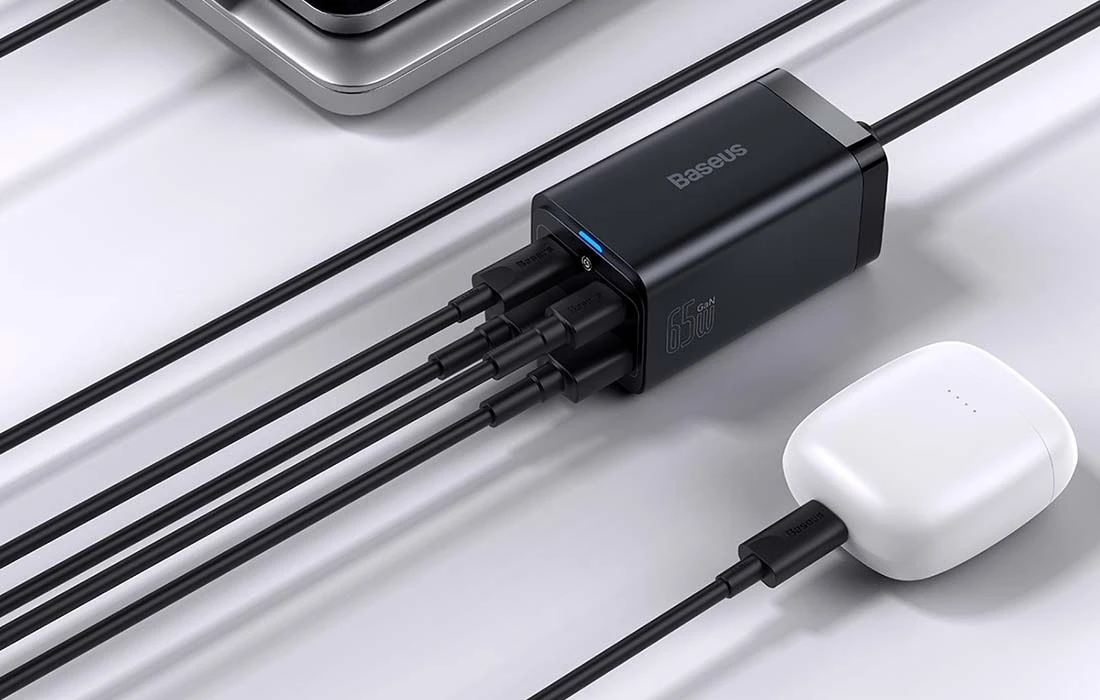 Baseus Sieninis įkroviklis GaN3 Pro 65W 2xUSB + 2xUSB-C QC4+ PD3.0 su USB-C 1.5m laidu, juodas aprašymas - Prekės nuotrauka Baseus Sieninis įkroviklis GaN3 Pro 65W 2xUSB + 2xUSB-C QC4+ PD3.0 su USB-C 1.5m laidu, juodas aprašymas - Prekės nuotrauka