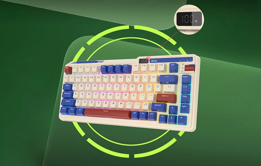 Mechaninė klaviatūra Royal Kludge KZZI K75 pro RGB, momentinis jungiklis (retro mėlynas) aprašymas - Prekės nuotrauka Mechaninė klaviatūra Royal Kludge KZZI K75 pro RGB, momentinis jungiklis (retro mėlynas) aprašymas - Prekės nuotrauka