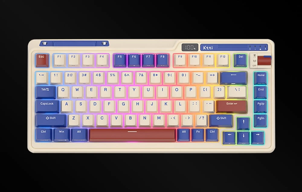 Mechaninė klaviatūra Royal Kludge KZZI K75 pro RGB, momentinis jungiklis (retro mėlynas) aprašymas - Prekės nuotrauka Mechaninė klaviatūra Royal Kludge KZZI K75 pro RGB, momentinis jungiklis (retro mėlynas) aprašymas - Prekės nuotrauka