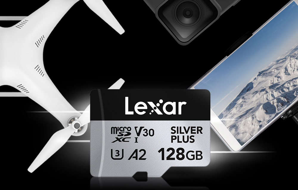 Atminties kortelė Lexar Micro SDXC Professional Sidabrinis Plus UHS-I/U3/A2/4K R205/W150 (V30) 128GB – 2 vnt. pakuotėje aprašymas - Prekės nuotrauka