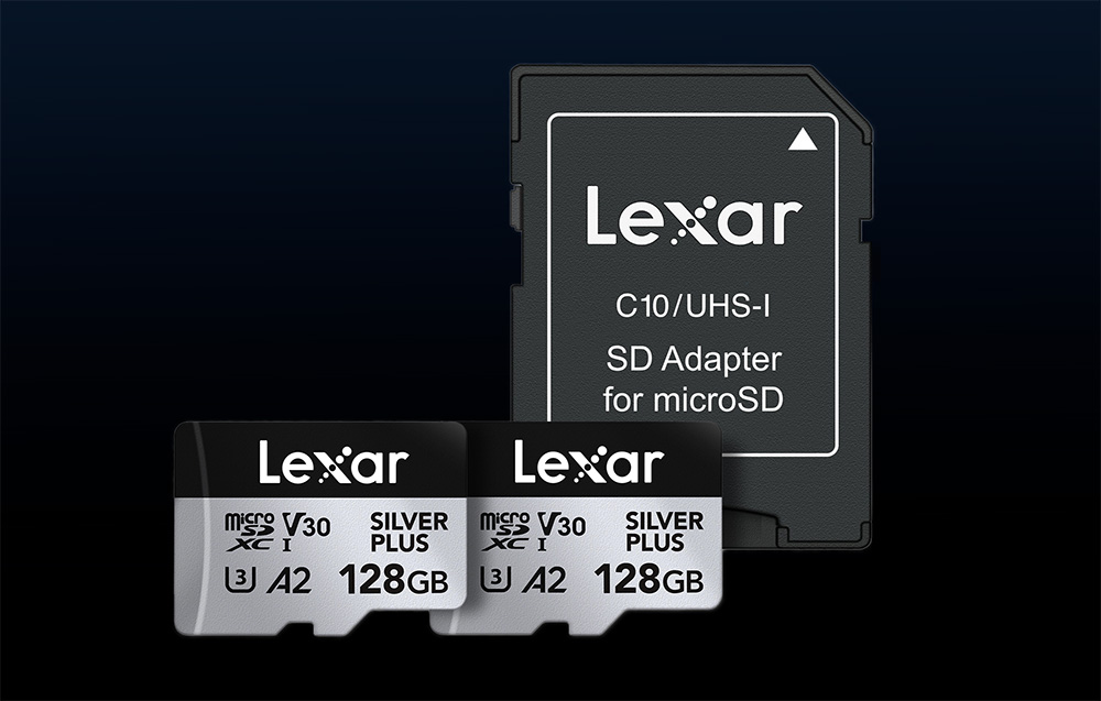 Atminties kortelė Lexar Micro SDXC Professional Sidabrinis Plus UHS-I/U3/A2/4K R205/W150 (V30) 128GB – 2 vnt. pakuotėje aprašymas - Prekės nuotrauka