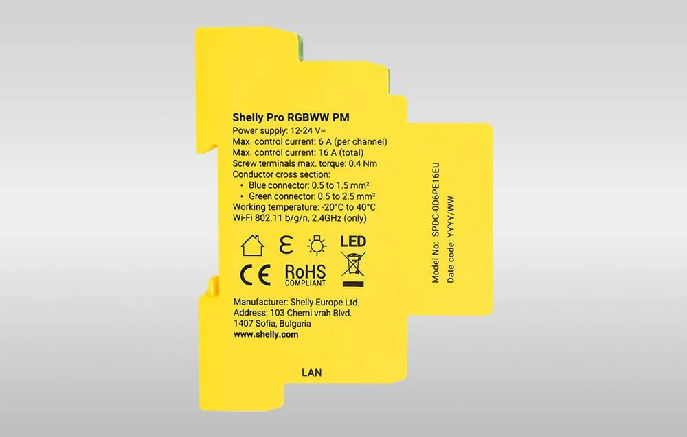 Shelly Pro RGBWW PM LED valdymo modulis (LAN, WiFi, Bluetooth) aprašymas - Prekės nuotrauka Shelly Pro RGBWW PM LED valdymo modulis (LAN, WiFi, Bluetooth) aprašymas - Prekės nuotrauka