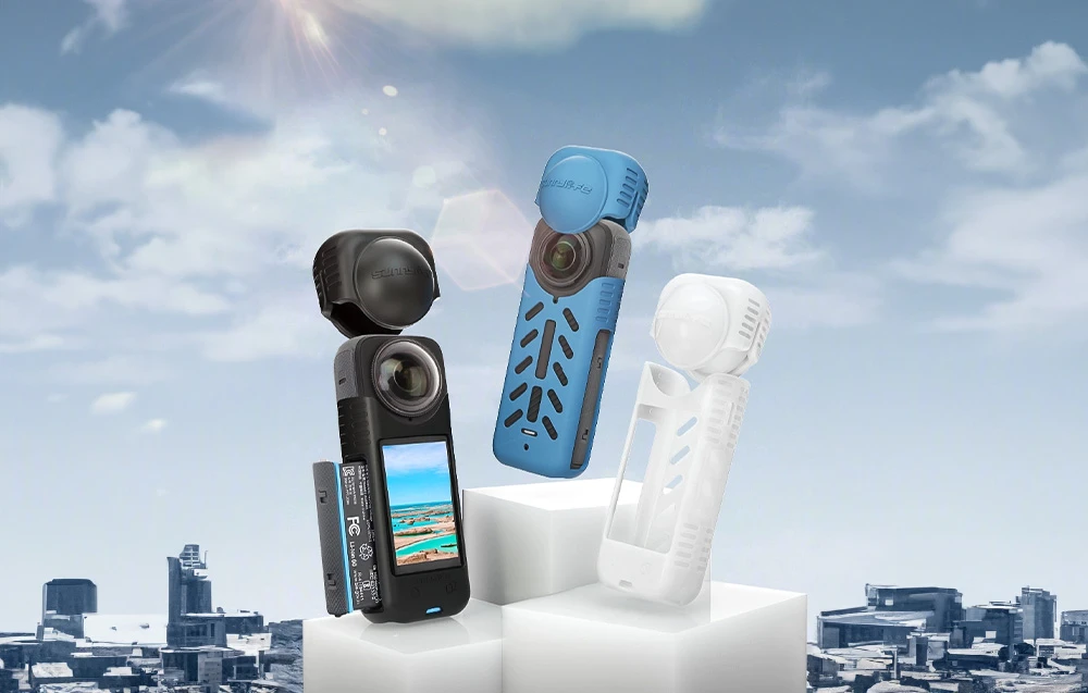 Silikoninis apsauginis dėklas + objektyvo dangtelis Sunnylife, skirtas Insta360 X4 (juodas) aprašymas - Prekės nuotrauka