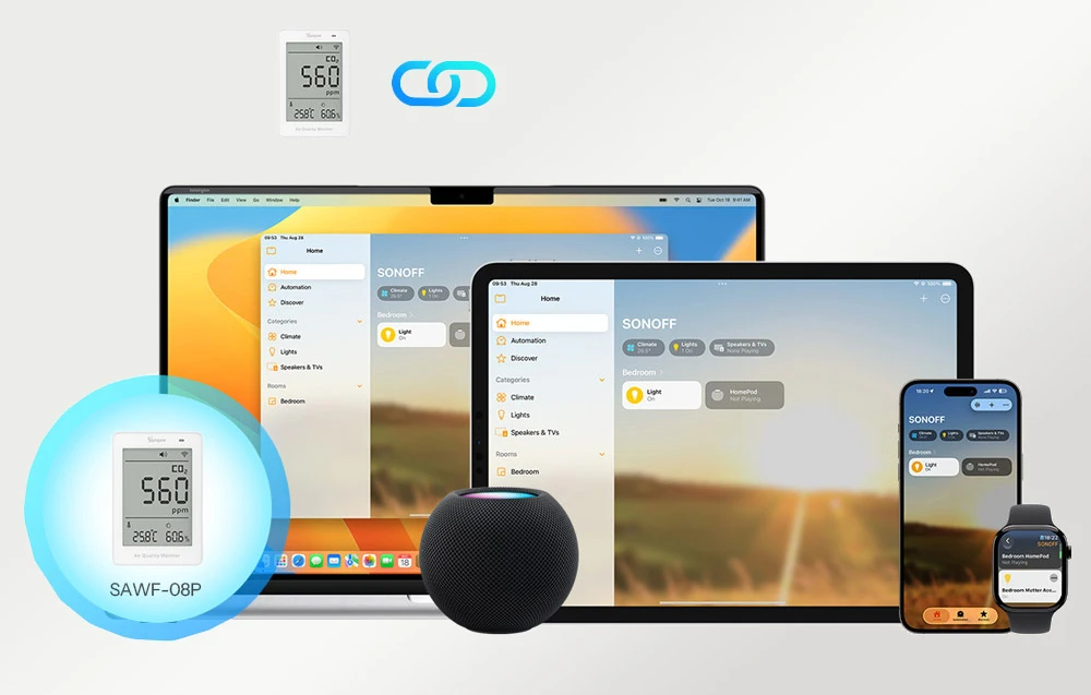 Sonoff AirGuard CO2 SAWF-08P Wifi temperatūros drėgmės ir CO2 sensorius, palaiko Matter aprašymas - Prekės nuotrauka Sonoff AirGuard CO2 SAWF-08P Wifi temperatūros drėgmės ir CO2 sensorius, palaiko Matter aprašymas - Prekės nuotrauka