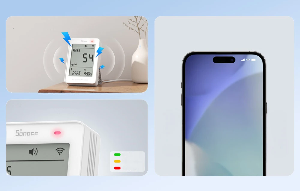 Drėkintuvas Sonoff AirGuard PM2.5 Wi-Fi oro kokybės sensorius, palaiko Matter aprašymas - Prekės nuotrauka Drėkintuvas Sonoff AirGuard PM2.5 Wi-Fi oro kokybės sensorius, palaiko Matter aprašymas - Prekės nuotrauka