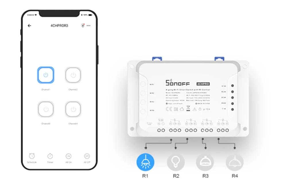 Sonoff R3 4-kanalų išmani relė valdoma WiFi 230VAC 2200W aprašymas - Prekės nuotrauka Sonoff R3 4-kanalų išmani relė valdoma WiFi 230VAC 2200W aprašymas - Prekės nuotrauka