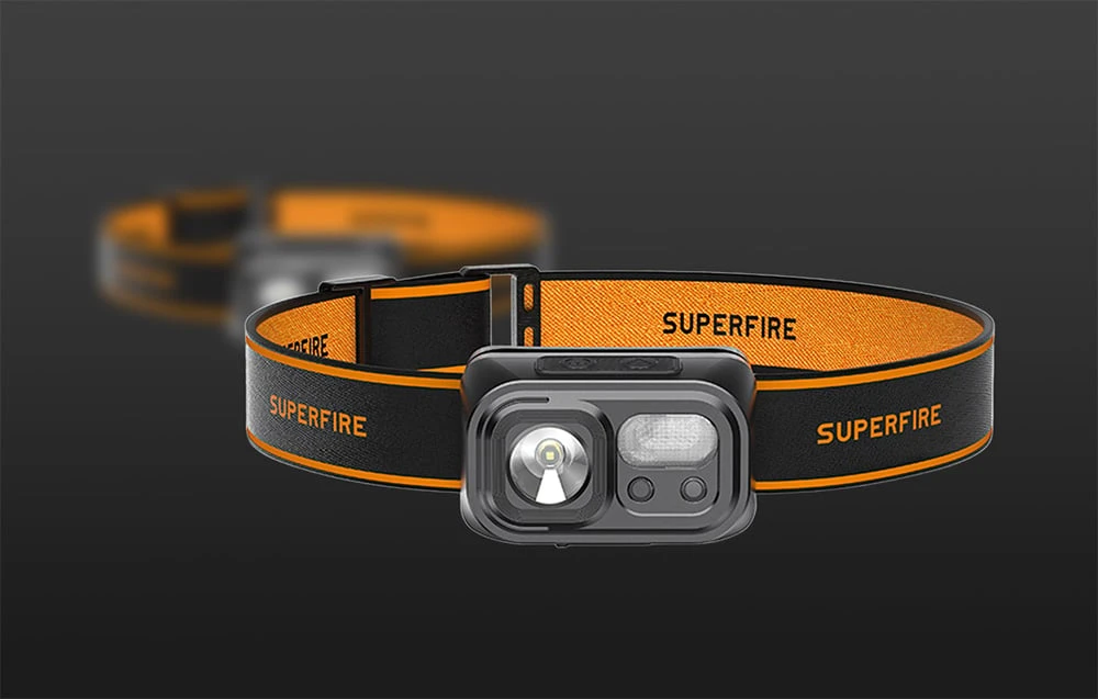 Superfire Žibintuvėlis ant galvos, įkraunamas USB C, 350lm, 2000mAh, su sensoriumi ON/OFF, balta-raudona aprašymas - Prekės nuotrauka