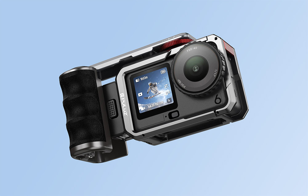 Titanium expansion cage with handle and additional Puluz connections for DJI Osmo Action 6 aprašymas - Prekės nuotrauka
