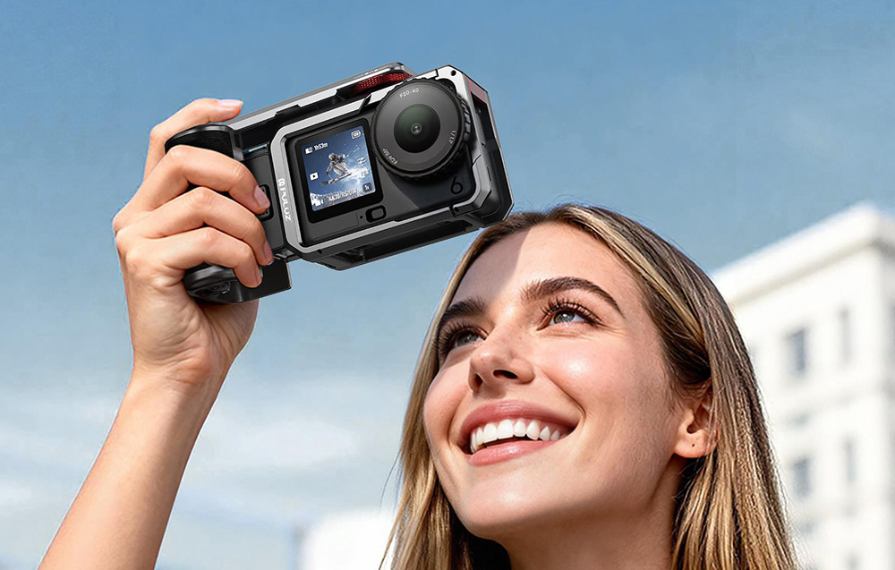 Titanium expansion cage with handle and additional Puluz connections for DJI Osmo Action 6 aprašymas - Prekės nuotrauka