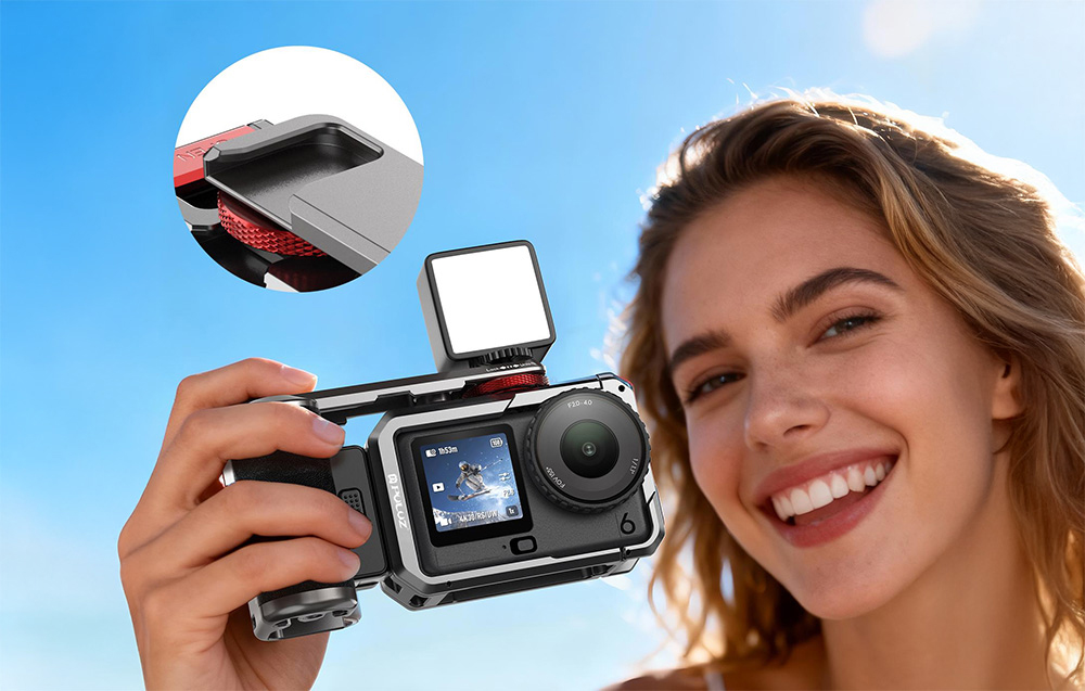 Titanium expansion cage with handle and additional Puluz connections for DJI Osmo Action 6 aprašymas - Prekės nuotrauka