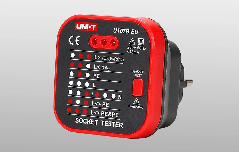 TINKLINIŲ LIZDŲ SU PATIKRINIMO FUNKCIJA TESTERIS RCD UT-07B-EU UNI-T aprašymas - Prekės nuotrauka TINKLINIŲ LIZDŲ SU PATIKRINIMO FUNKCIJA TESTERIS RCD UT-07B-EU UNI-T aprašymas - Prekės nuotrauka