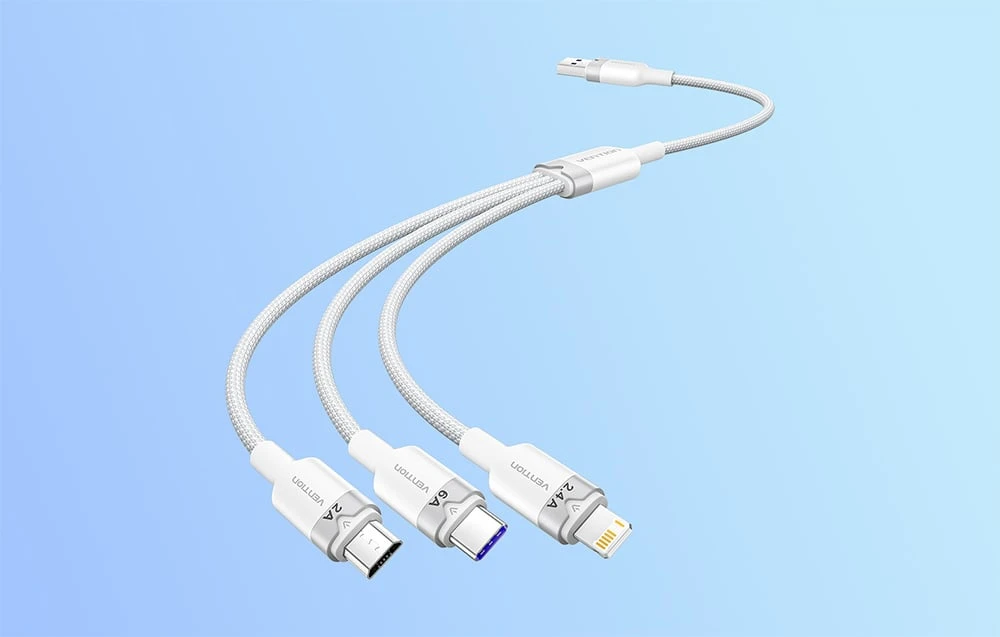 USB 2.0 A iki 3-in-1 6A laidas Vention CTRWG 1.5M (baltas) aprašymas - Prekės nuotrauka