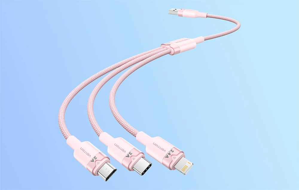 USB 2.0 A iki 3in1 3A laidas Vention CTPPG 1.5M (rožinis) aprašymas - Prekės nuotrauka