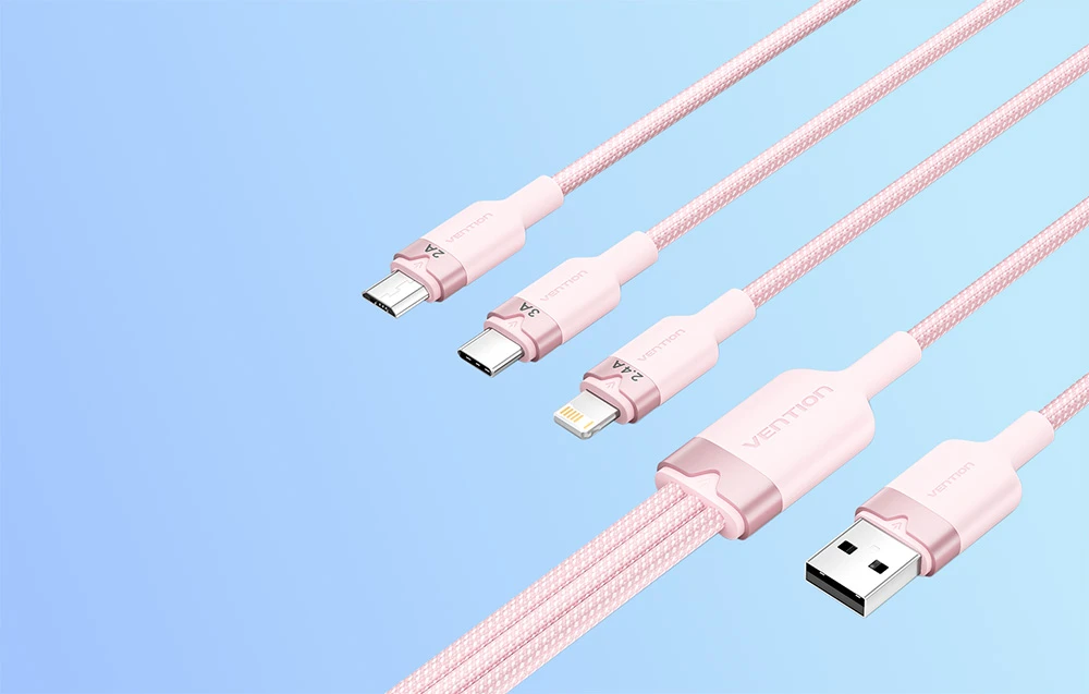 USB 2.0 A iki 3in1 3A laidas Vention CTPPG 1.5M (rožinis) aprašymas - Prekės nuotrauka