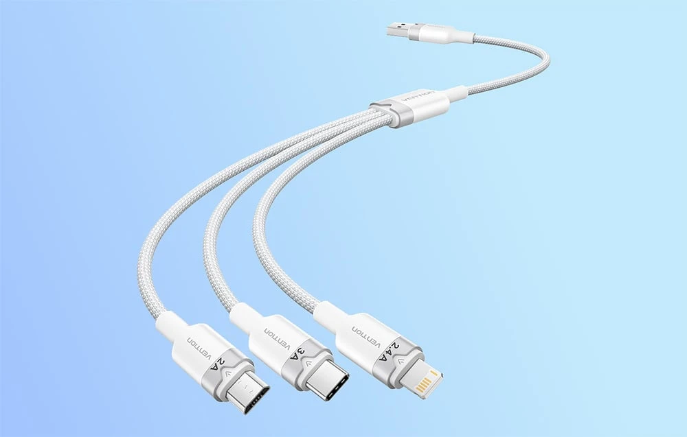 USB 2.0 A iki 3in1 3A laidas Vention CTPWG 1.5M (balta) aprašymas - Prekės nuotrauka