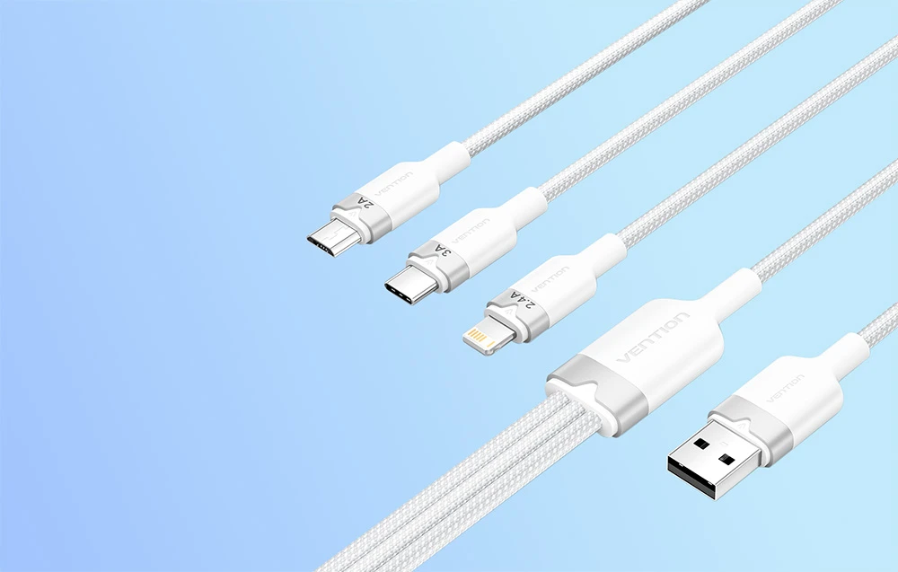 USB 2.0 A iki 3in1 3A laidas Vention CTPWG 1.5M (balta) aprašymas - Prekės nuotrauka