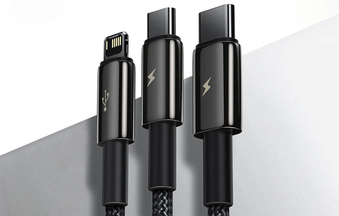 USB kabelis 3in1 Baseus Tungsten Gold USB micro USB / USB-C / Lightning 3.5A 1.5m - Juodas aprašymas - Prekės nuotrauka USB kabelis 3in1 Baseus Tungsten Gold USB micro USB / USB-C / Lightning 3.5A 1.5m - Juodas aprašymas - Prekės nuotrauka