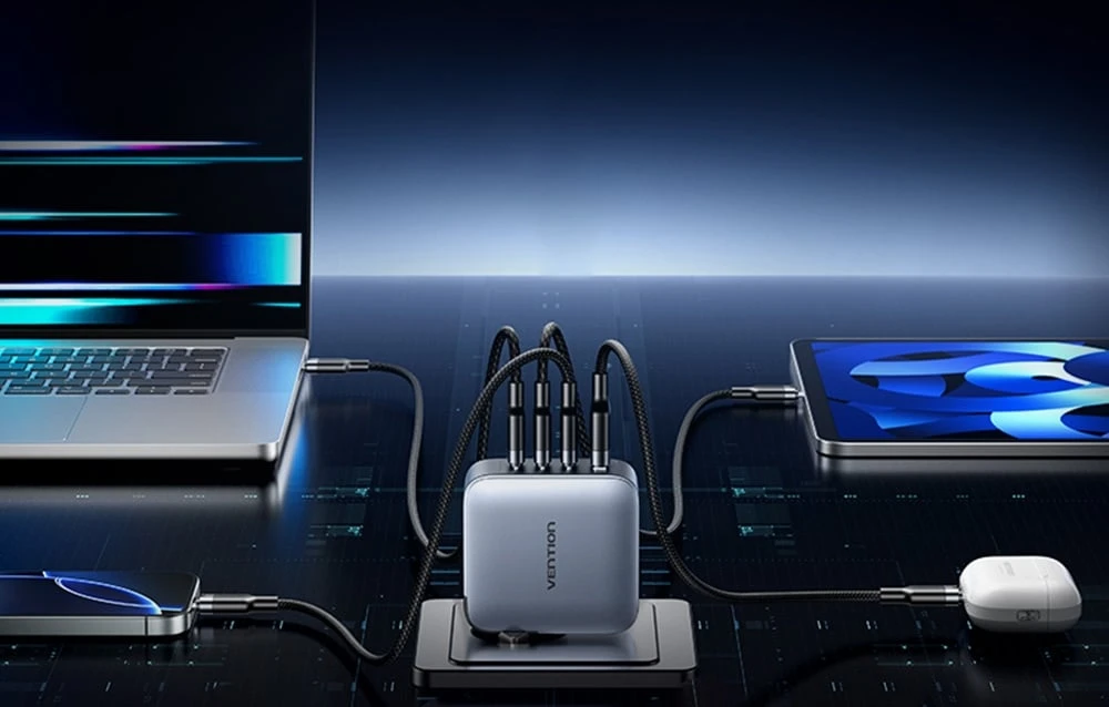 „Vention“ 100 W GaN 1 x USB-A 3 x USB-C + USB-C į USB-C kabelis 1 m aprašymas - Prekės nuotrauka