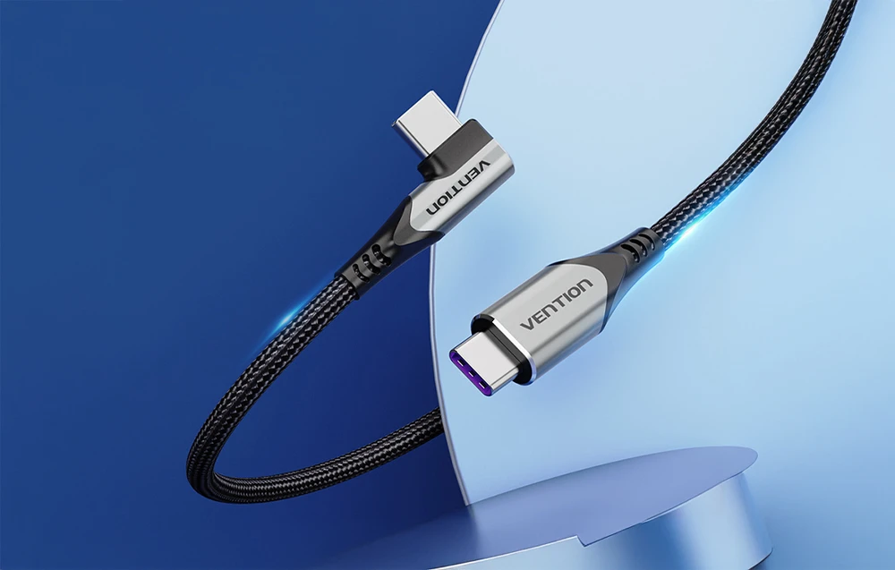 Vention Ventiliacijos TAKHF USB-C į USB-C 5A kampinis kabelis (pilkas) aprašymas - Prekės nuotrauka