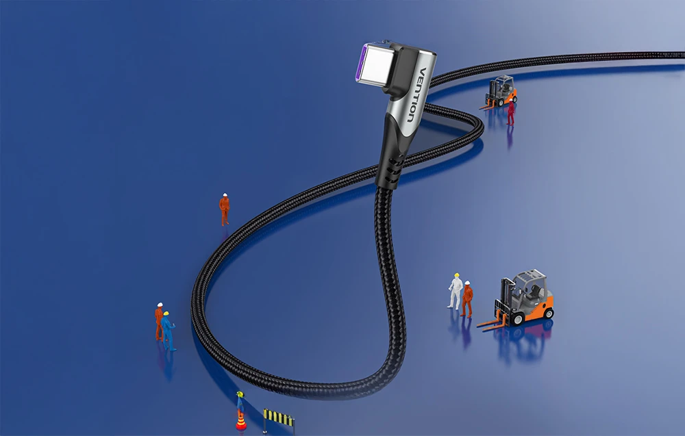 Vention Ventiliacijos TAKHF USB-C į USB-C 5A kampinis kabelis (pilkas) aprašymas - Prekės nuotrauka