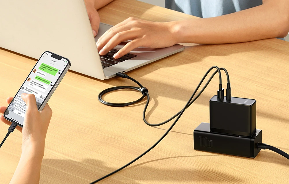 Baseus Sieninis įkroviklis GaN5 Pro 100W USB + USB-C QC4+ PD3.0 su USB-C 1m laidu, juodas aprašymas - Prekės nuotrauka Baseus Sieninis įkroviklis GaN5 Pro 100W USB + USB-C QC4+ PD3.0 su USB-C 1m laidu, juodas aprašymas - Prekės nuotrauka