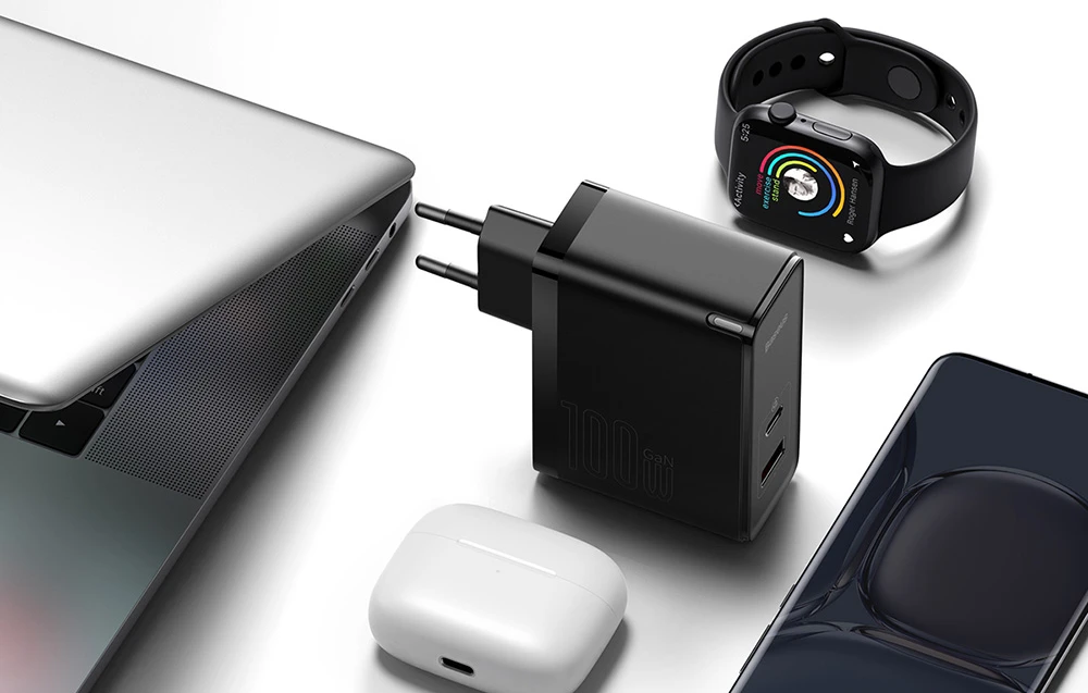 Baseus Sieninis įkroviklis GaN5 Pro 100W USB + USB-C QC4+ PD3.0 su USB-C 1m laidu, juodas aprašymas - Prekės nuotrauka Baseus Sieninis įkroviklis GaN5 Pro 100W USB + USB-C QC4+ PD3.0 su USB-C 1m laidu, juodas aprašymas - Prekės nuotrauka