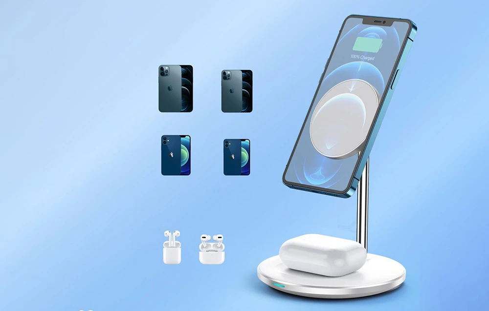 Belaidis įkroviklis CHOETECH, 15W, 2in1, magnetinis, baltas su stovu aprašymas - Prekės nuotrauka Belaidis įkroviklis CHOETECH, 15W, 2in1, magnetinis, baltas su stovu aprašymas - Prekės nuotrauka