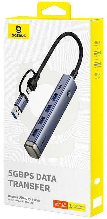 „Baseus UltraJoy“ 4in1 šakotuvas USB-A ir USB-C į 4xUSB3.0 + USB-C (pilka)
