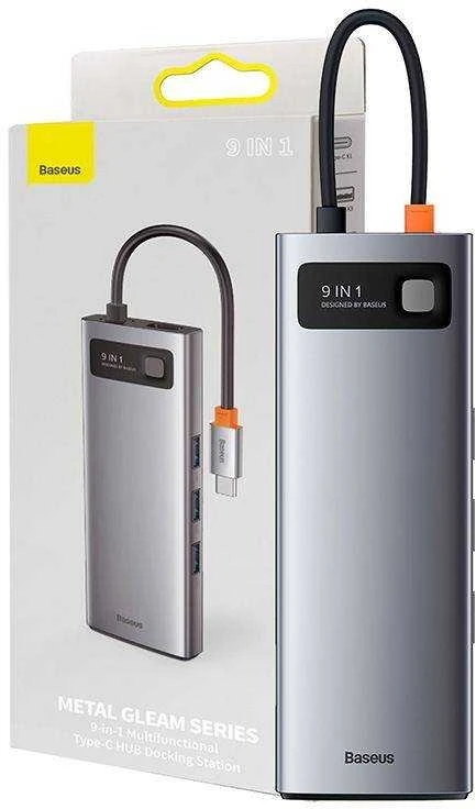Šakotuvas 9in1 Baseus Metal Gleam Series, USB-C į 3x USB 3.0 + HDMI + USB-C PD + Ethernet RJ45 + Micro SD/SD + VGA