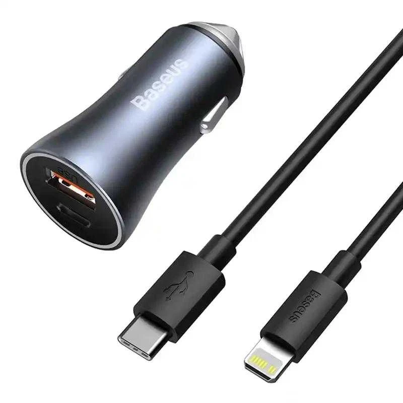 Baseus Golden Contactor Pro automobilinis įkroviklis USB + USB-C QC4.0 + PD SCP, 40W + USB-C kabelis skirtas iP 1m