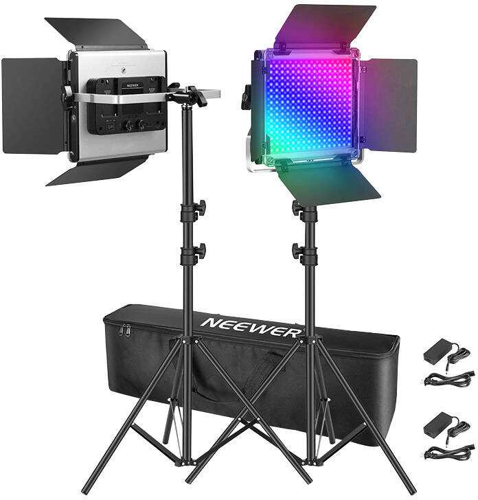 „Neewer 660 PRO RGB LED“ studijos komplektas, dvi 50 W 3200–5600 K lempos + trikojai + varteliai