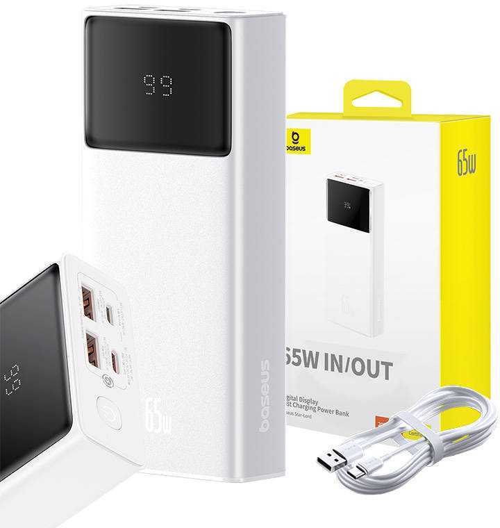 Power Bank Baseus Star-Lord, 20000mAh 65W + USB – USB-C laidas (baltas)
