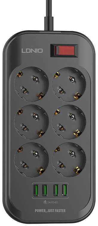 Ilgintuvas su 6 AC lizdais 4x USB LDNIO 2m - juoda