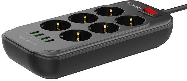 Ilgintuvas su 6 AC lizdais 4x USB LDNIO 2m - juoda